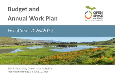 An image of the front cover of the Open Space Authority's Budget and Annual Work Plan which includes a photo of a wetland surrounded by CA poppies.