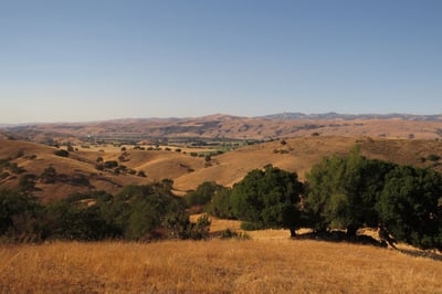 A photo during golden hour captures rolling golden hills across Coyote Valley with green oak trees in the foreground and blue sky above.