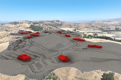 A rendering of the Heritage Oaks cemetery shows multiple buildings, a parking lot and more developed on top of current open space in Coyote Valley.