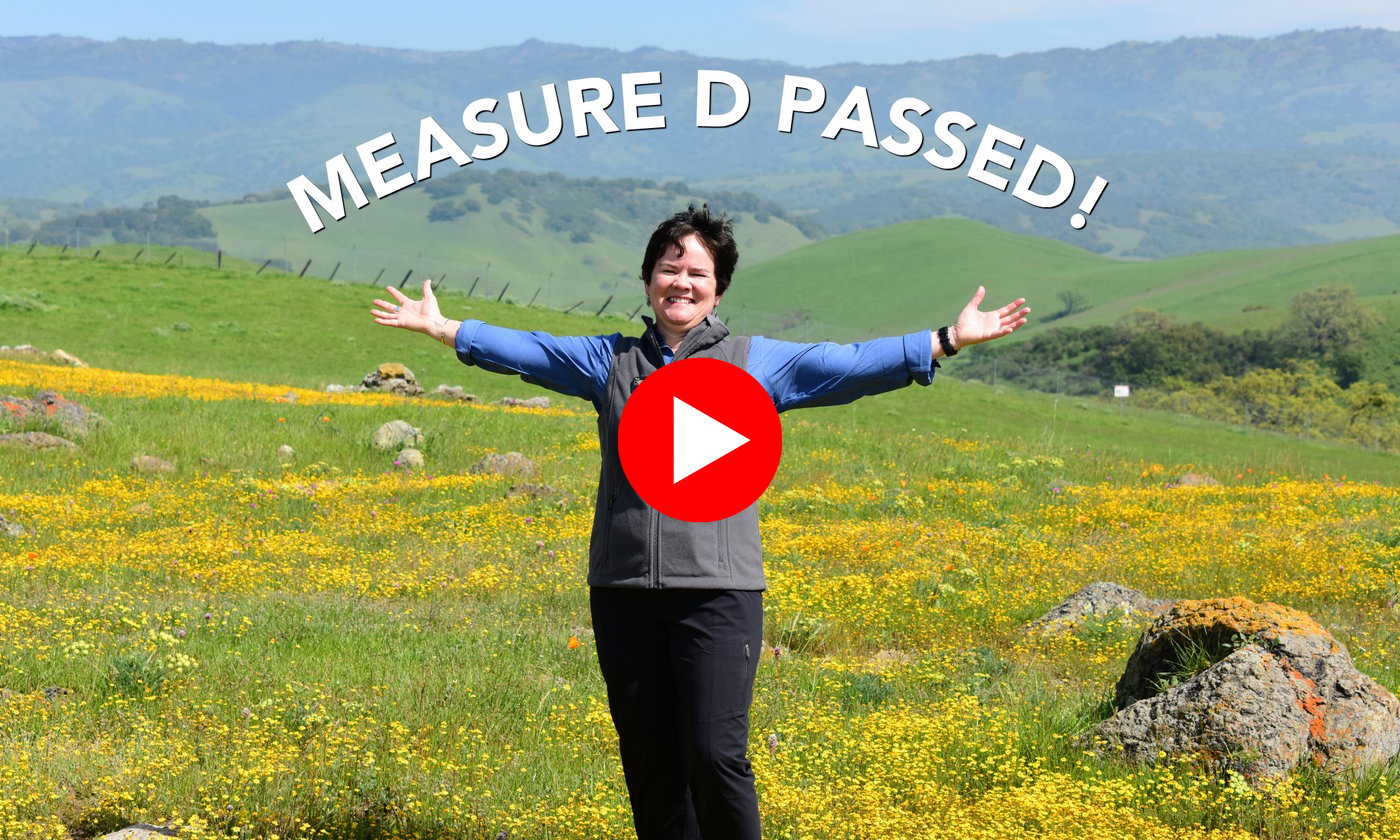 A person stands, arms stretched out, surrounded by wildflowers and rolling green hills. Text on top of the photo reads "Measure D Passed!"