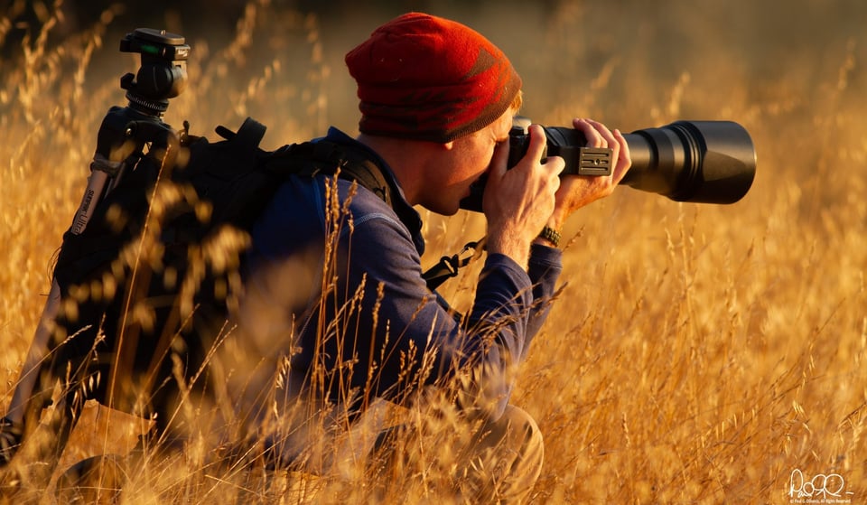 David Mauk taking photo in field of tall golden grass