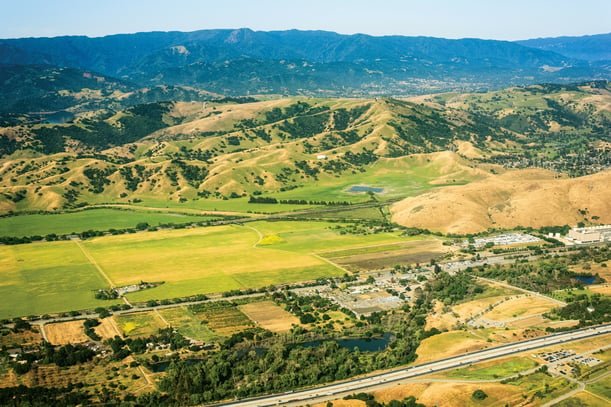 Aerial view of North Coyote Valley looking west across the Santa Cruz Mountains