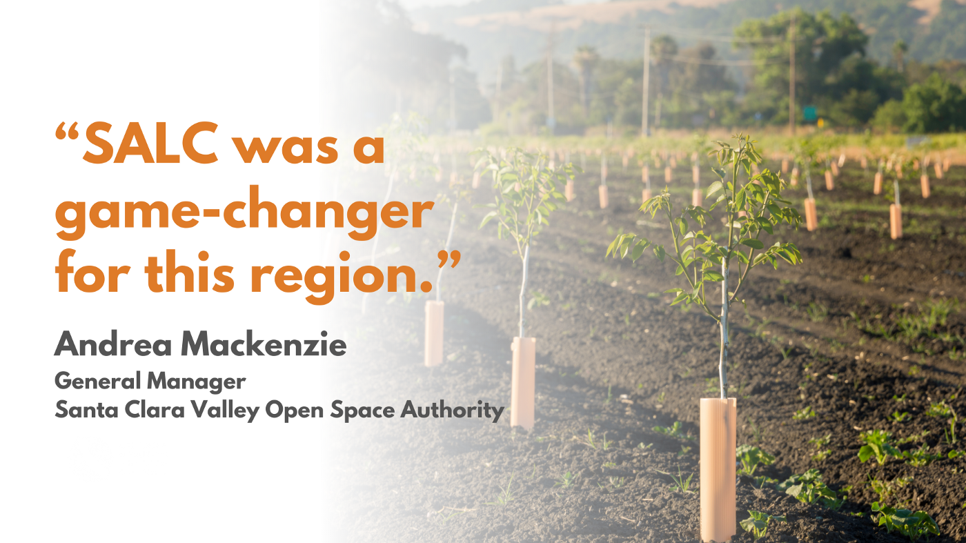 An orchard in Coyote Valley. A quote from Open Space Authority General Manager, Andrea Mackenzie, saying "SALC was a game-changer for this region."